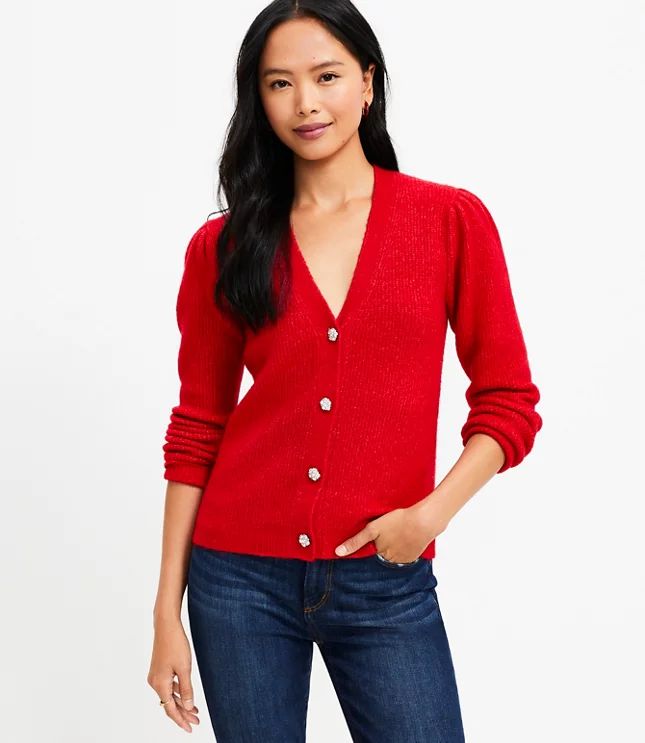 Jeweled Button V-Neck Cardigan | LOFT