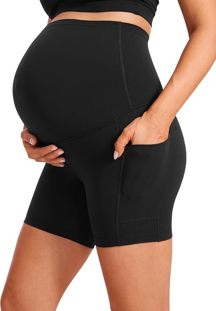 CRZ YOGA Womens Butterluxe Maternity Yoga Biker Shorts with Pockets 5" - Over The Belly Pregnancy... | Amazon (US)
