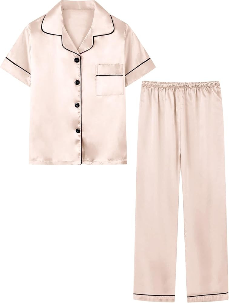 Umeyda Girls Womens Pajamas Set, Satin Silky Button Down Loungewear 2 Piece Short Sleeve Pants PJ... | Amazon (US)