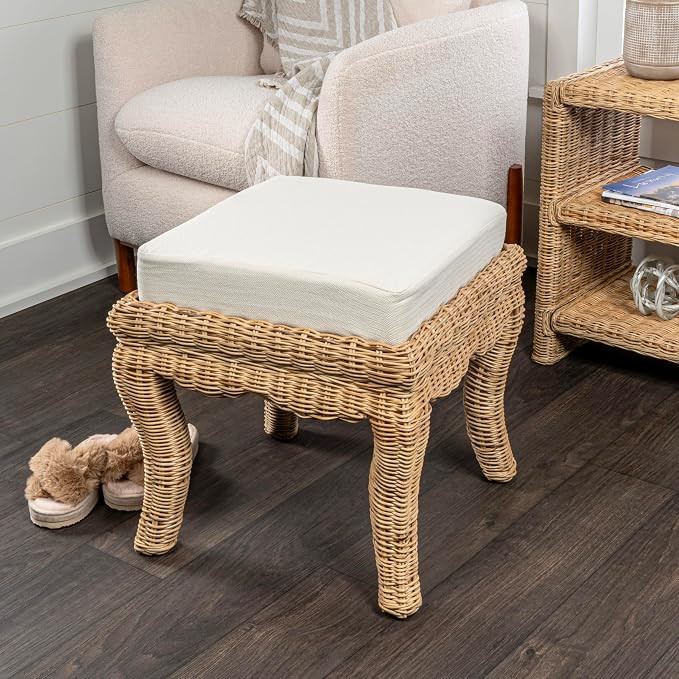 Eyely LSV1000A Draxor 19.7" Bohemian Designer Woven Rattan/Wood Vanity Stool, White Cushion with ... | Amazon (US)