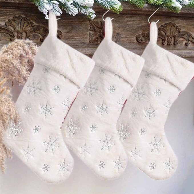 AOGU 3 Pack 22 Inch Faux Fur Sequin Snowflake Christmas Stockings Snowy White Christmas Stockings... | Amazon (US)