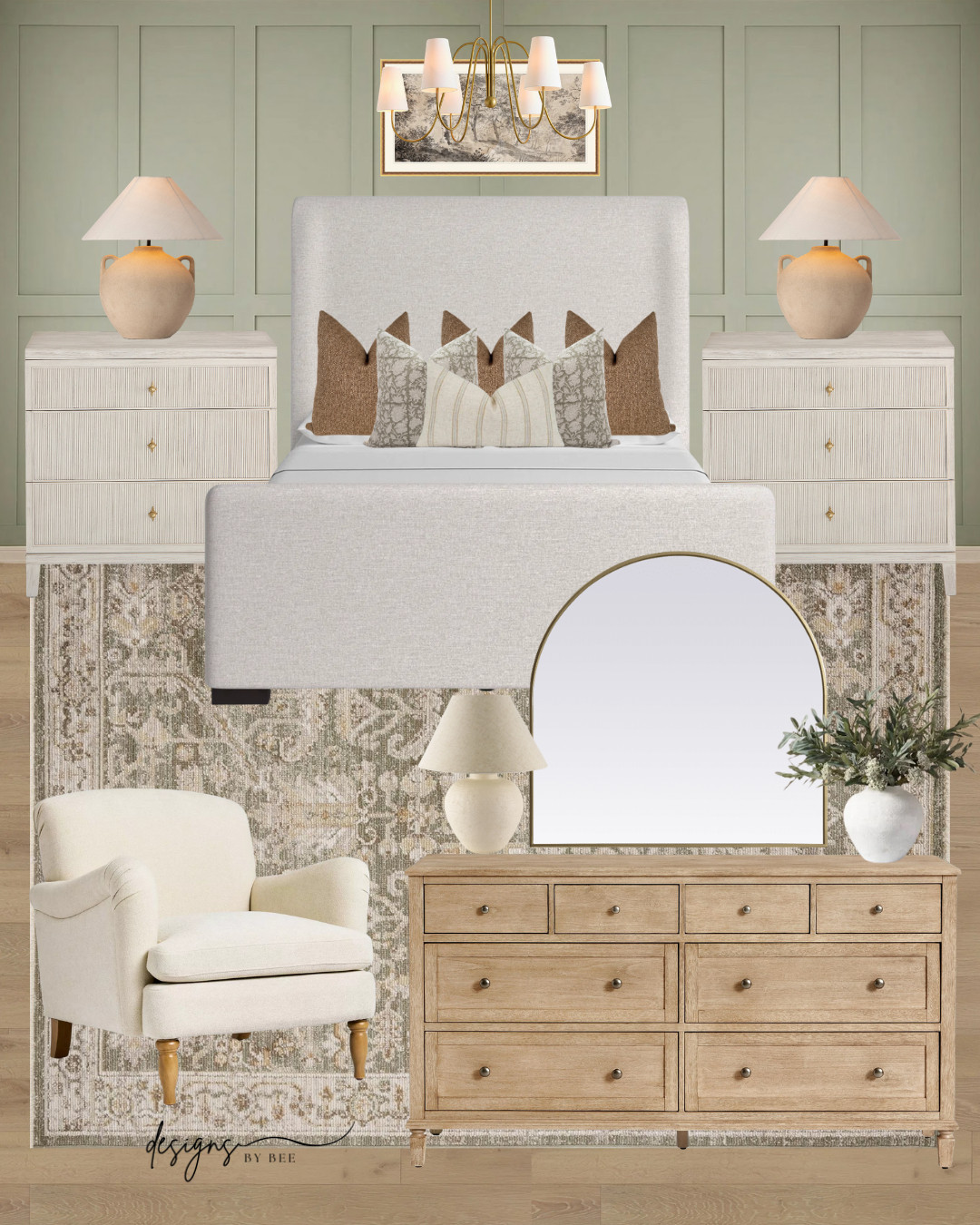 modern traditional, organic modern, coastal grandmillennial, sage green bedroom, mood board, primary bedroom design, upholstered wingback bed, white nightstands, wood dresser, arched mirror, vintage style rug, neutral pillows, terracotta lamps, brass chandelier, olive stems, interior design inspiration, textured furniture, home decor, serene bedroom 

 #LTKmomlife #LTKHome