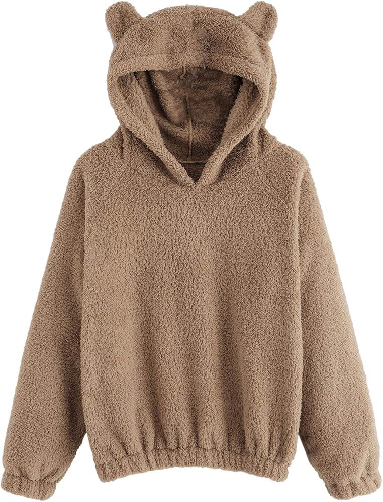 SweatyRocks Women's Sherpa Pullover Fuzzy Fleece Sweatshirt Cute Ear Long Sleeve Causal Hoodie To... | Amazon (US)