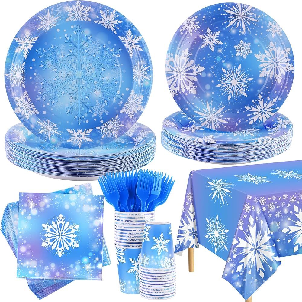 durony 145 Pieces Frozen Birthday Party Supplies Disposable Tableware Winter Snowflake Paper Plat... | Amazon (US)