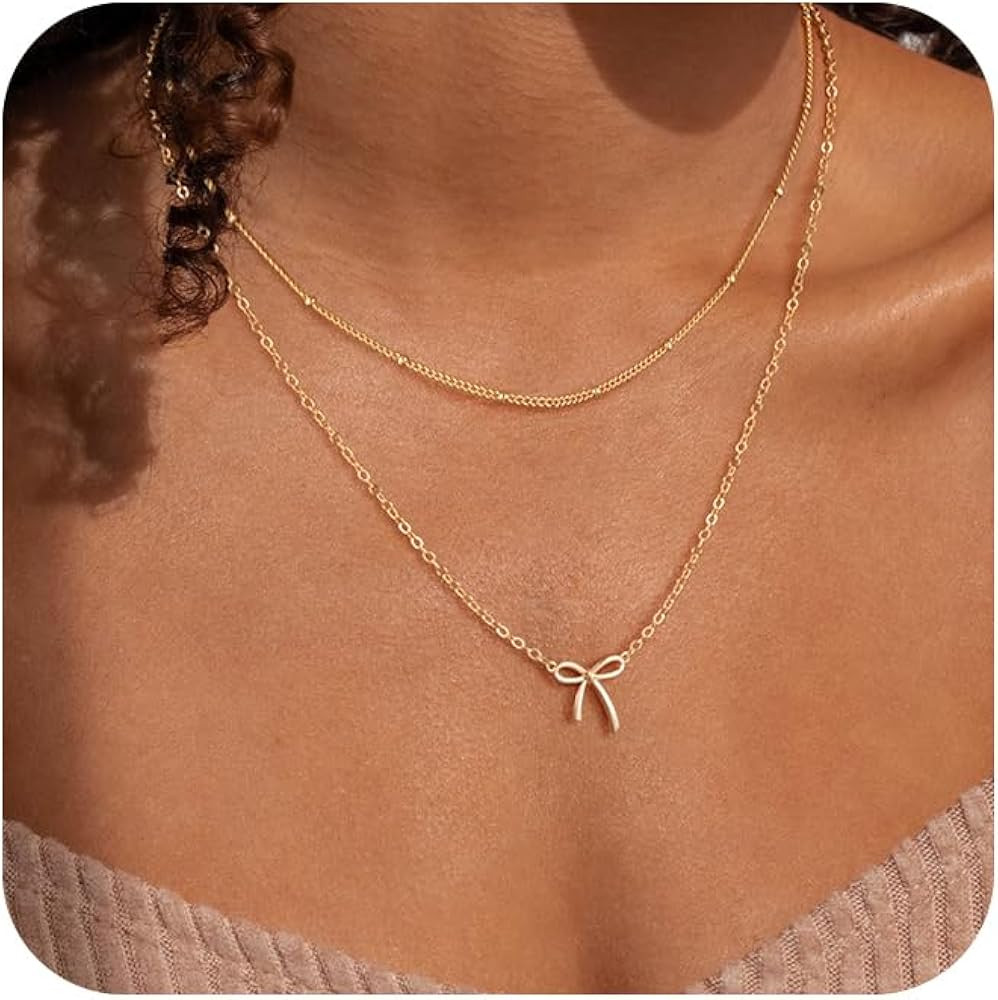 CAROVO Gold Bow Necklace for Women 14K Dainty Gold Necklace Cute Small Cubic Zirconia Bow Pendant... | Amazon (US)