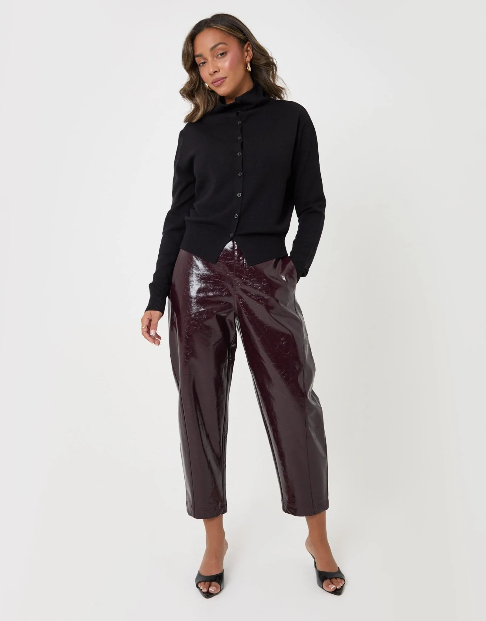 Faux Leather Barrel Leg Trousers in Purple | Threadbare UK