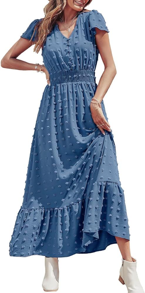 Pretty Garden Womens Boho Short Sleeve V Neck Swiss Dot Ruffle Tiered Smocked Long Cocktail Dress | Amazon (US)