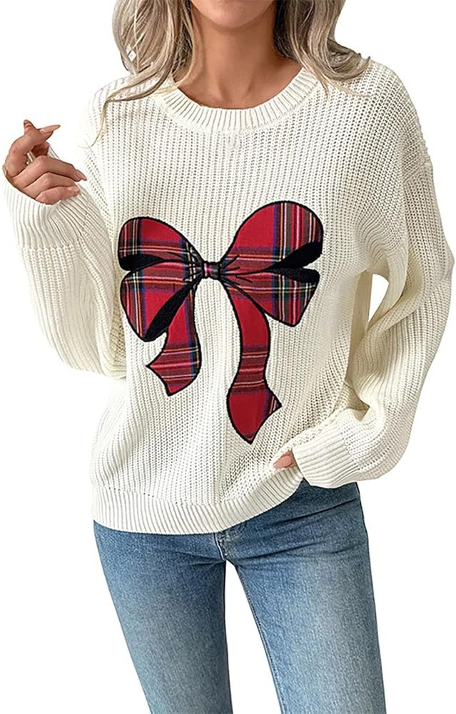 Women's Christmas Sweater Cute Plaid Bow Graphic Pullover Sweater 2025 Crewneck Long Sleeve Casua... | Amazon (US)