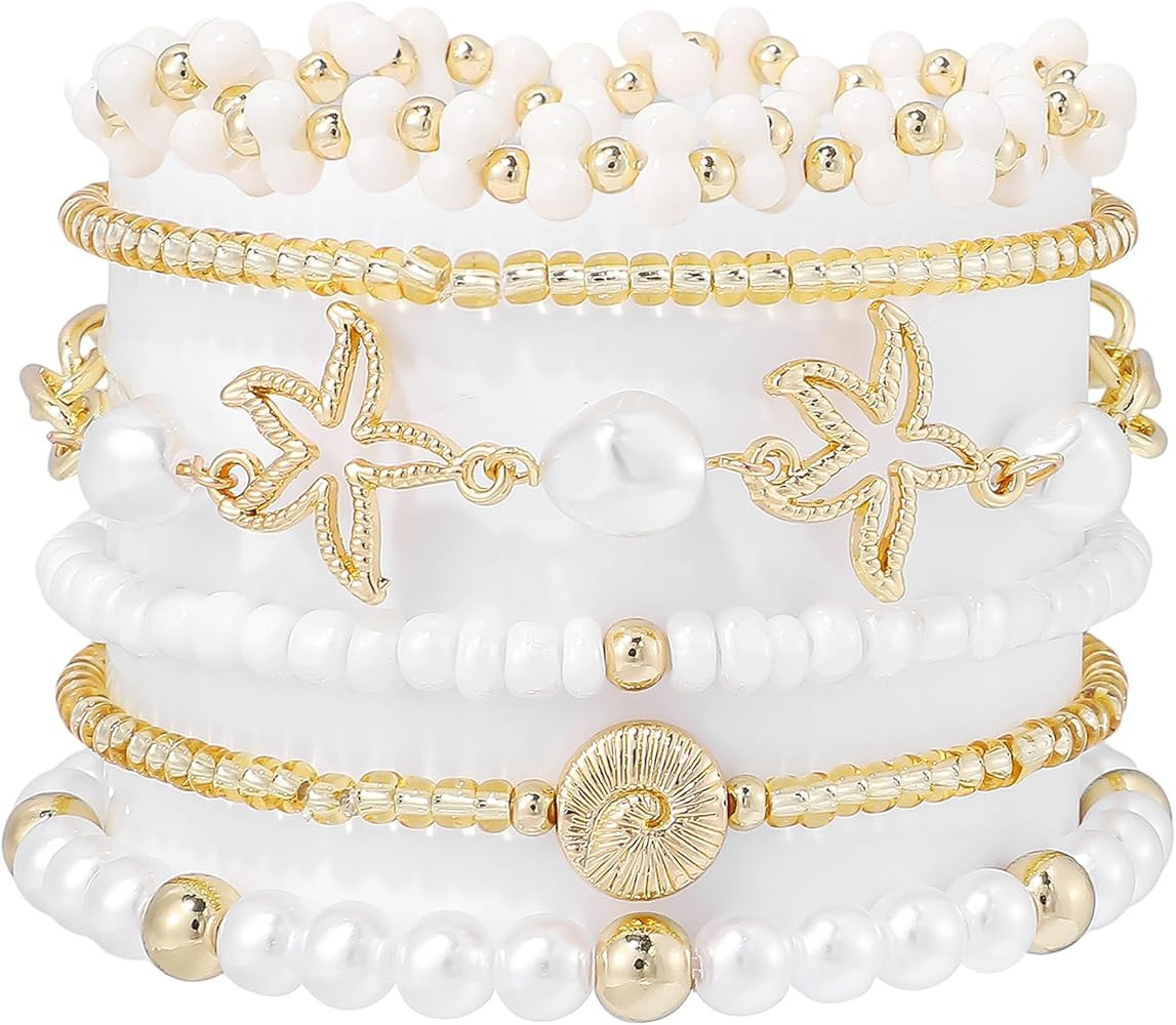 Summer Surfer Heishi Bracelet Set for Women Stackable Gold Plated Clay Ploymer Bead Stretch Pink ... | Amazon (US)