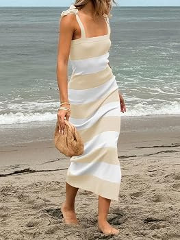Saodimallsu Womens Summer Sleeveless Bodycon Sweater Dress Striped Knit Tie Square Neck Side Slit... | Amazon (US)