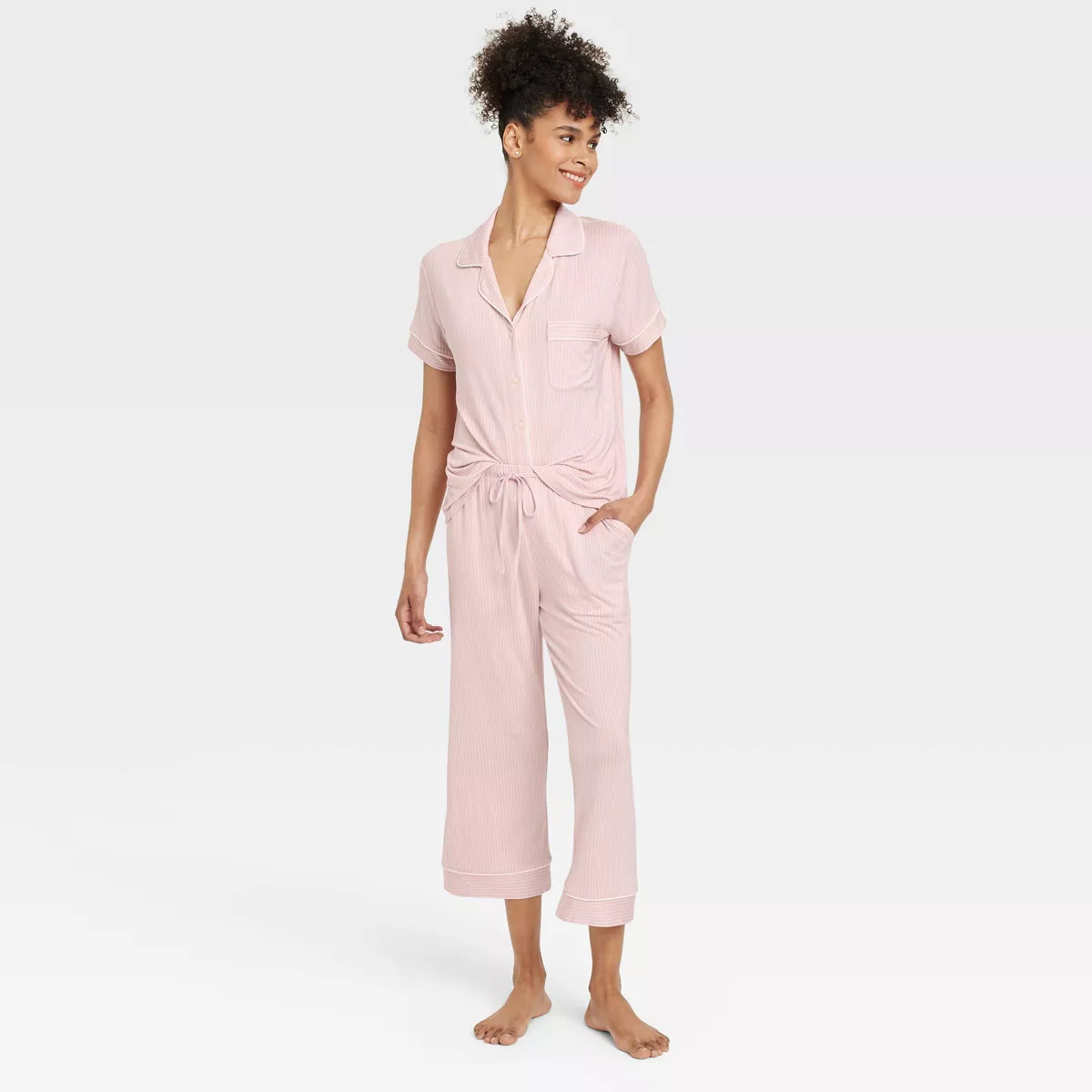 Women's Cloud Knit Short Sleeve Notch Collar Top and Cropped Pants Pajama Set - Auden™ | Target