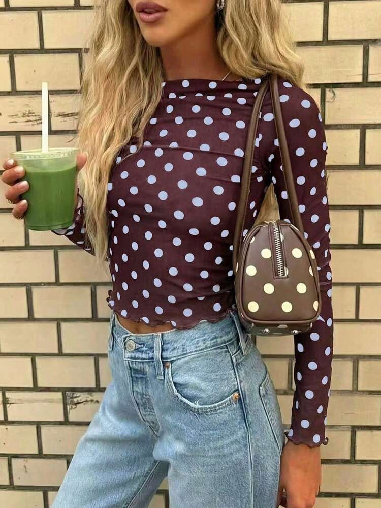 New Arrival Semi-Transparent Fashionable Elegant Polka Dot Knit Sweater Top, Suitable For Daily, Date, Street, Airport, Music Festival Wear, All Seasons Casual Spring | SHEIN