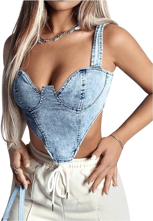 SHENHE Women's Sexy Jean Bustier Top Zip Back Asymmetrical Denim Top Cropped Corset Top | Amazon (US)