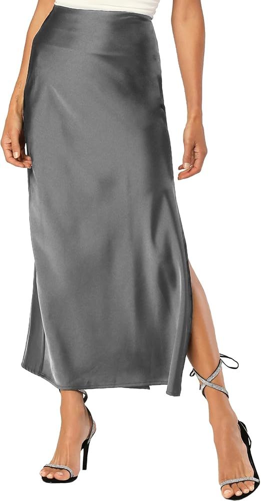 Womens Satin Silk Maxi Slit Skirt Elastic Waistband Maxi Long Satin Slit Skirts for Women | Amazon (US)