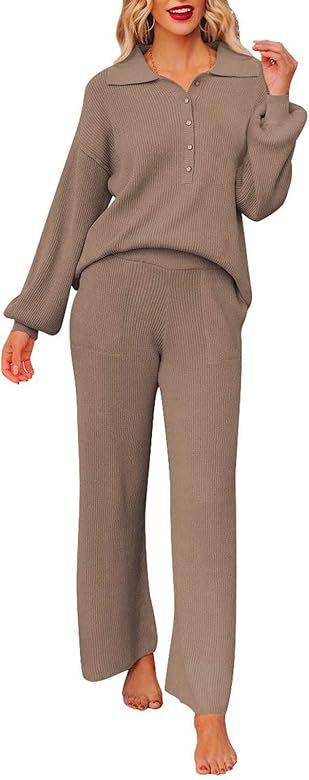 Pink Queen Women's 2 Piece Outfit Sweater Set Long Sleeve Button Knit Pullover Top Wide Leg Pants... | Amazon (US)