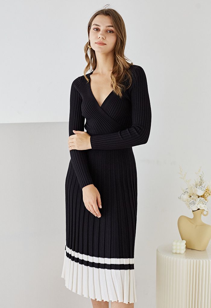 Soft Knit Contrast Hem Wrap Midi Dress in Black | Chicwish