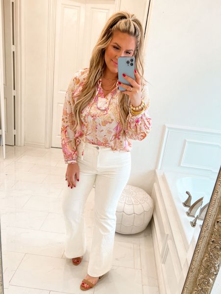 Spring outfit wearing a small in top! 
Favorite flare jeans white denim 
Abercrombie 
Avara - MERRITT15 for 15% off top! 
Easter outfit 


#LTKstyletip #LTKunder100 #LTKunder50