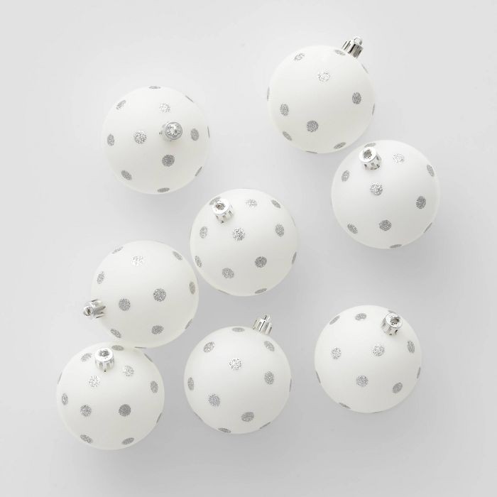 8ct Polka Dot Glitter Christmas 70mm Ornament Set White with Silver - Wondershop™ | Target