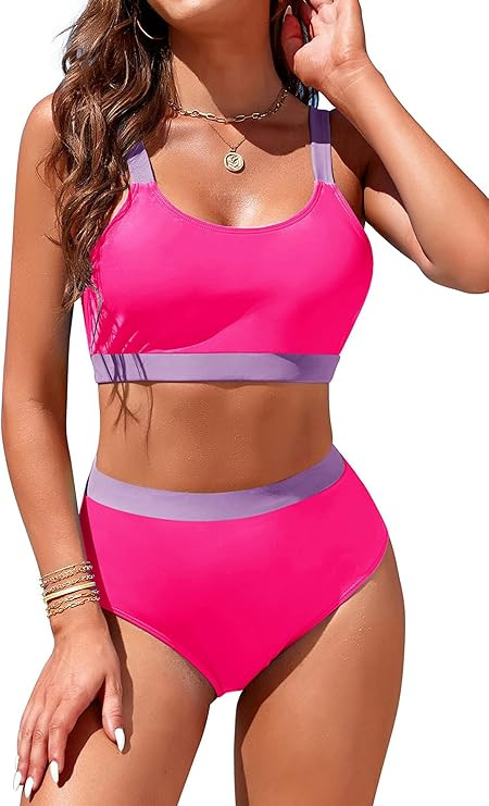 Womens High Waisted Bikini Sets Sporty Crop Top Color Block Swimwear Bandeau Scoop Neck Vintage T... | Amazon (US)