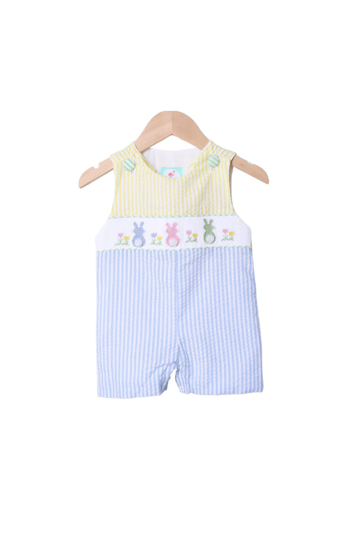 Smocked Seersucker Color Block Bunny Jon Jon | The Smocked Flamingo
