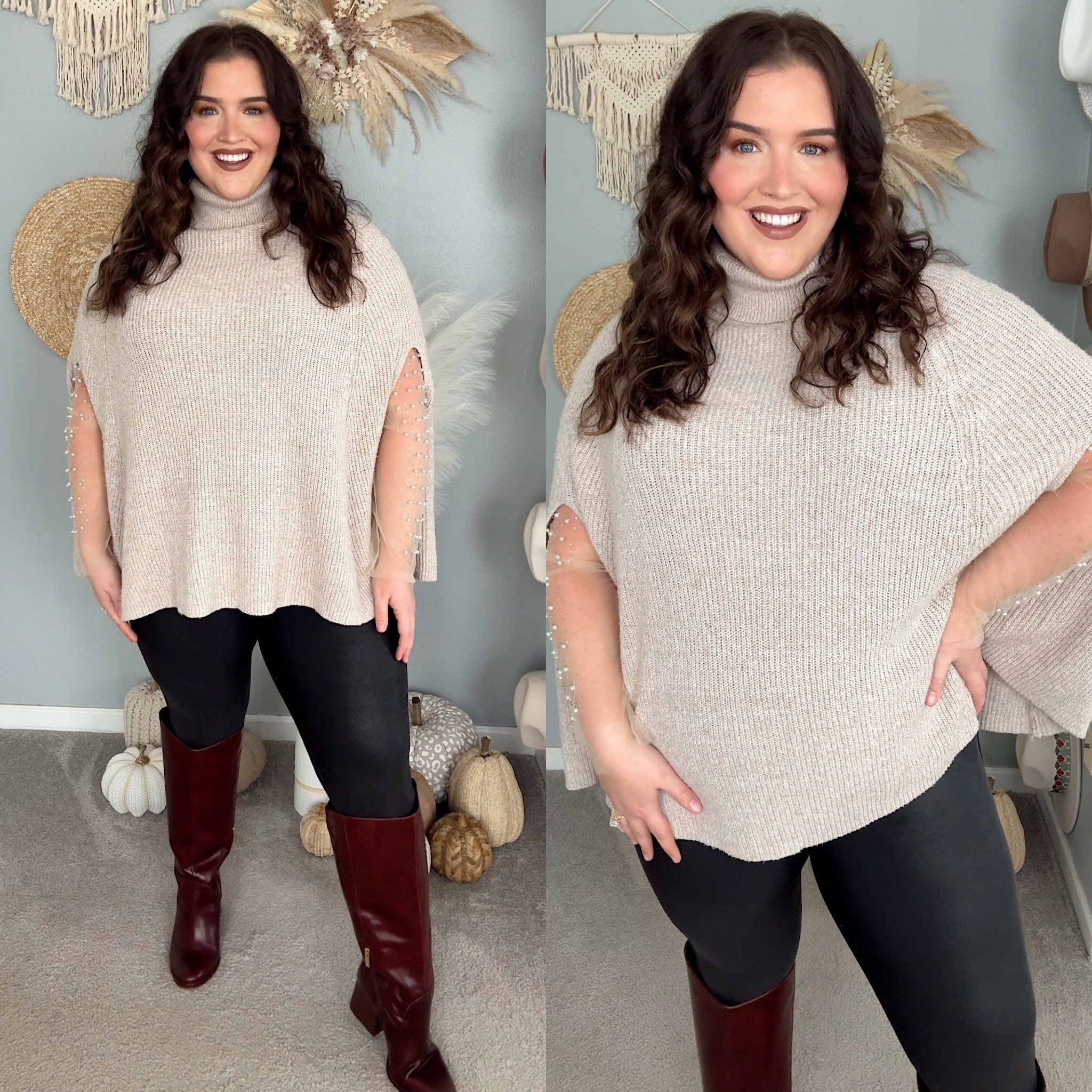 Thanksgiving character unlocked 🔓 Rich Auntie vibes 💅🏼 
Turtleneck sweater poncho, pearl layering top, Spanx faux leather leggings + wide calf boots 
Sweater: XL
Layering top: 12 
Leggings: 1X 

#LTKHoliday #LTKStyleTip #LTKPlusSize