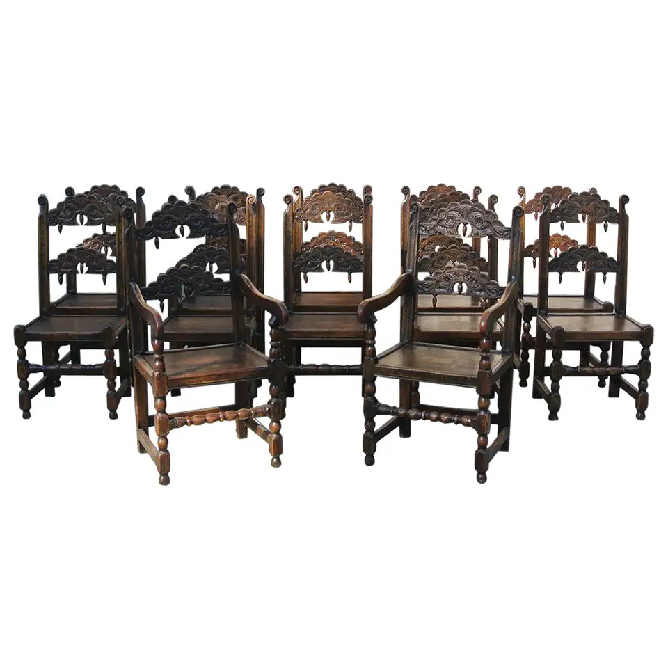 Set of Twelve 17th Century Derbyshire Back Stools – Ten Standards and Two Carver | 1stDibs