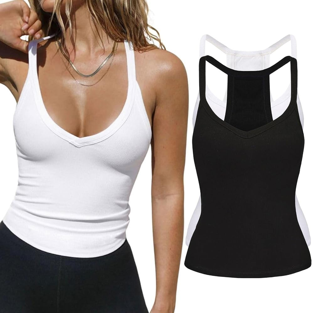 2 Pack V Neck Tank Tops for Women Built in Bra Racerback Womens Tank Tops Basics Yoga Ribbed Gym ... | Amazon (US)