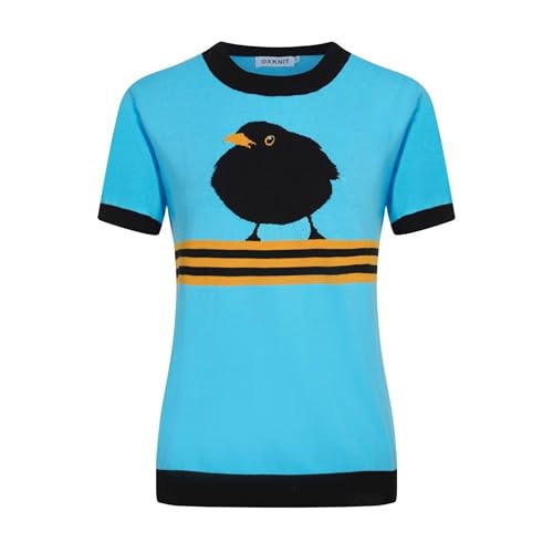OXKNIT Women's Light Blue Knitted T-Shirt Short Sleeve, 1960s Mod Style Birds Pattern Crewneck Tops | Amazon (US)