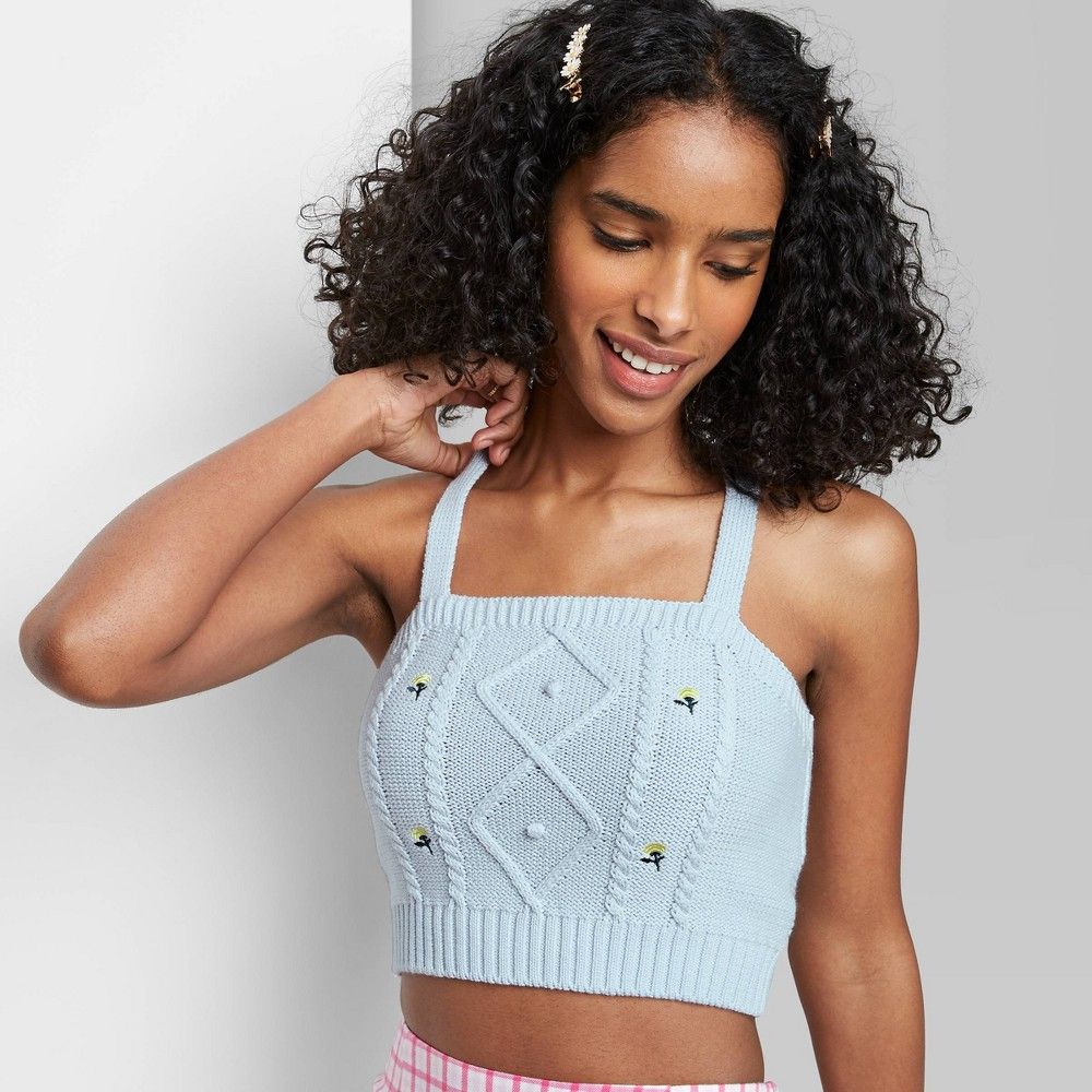 Women's Floral Embroidered Cropped Sweater Tank Top - Wild Fable Light Blue XS | Target