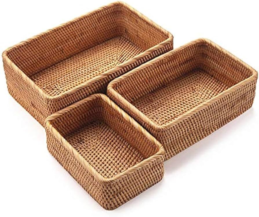YANGQIHOME Natural Rattan Storage Baskets, Rectangular Woven Fruit Baskets, Wicker Decoration and... | Amazon (US)