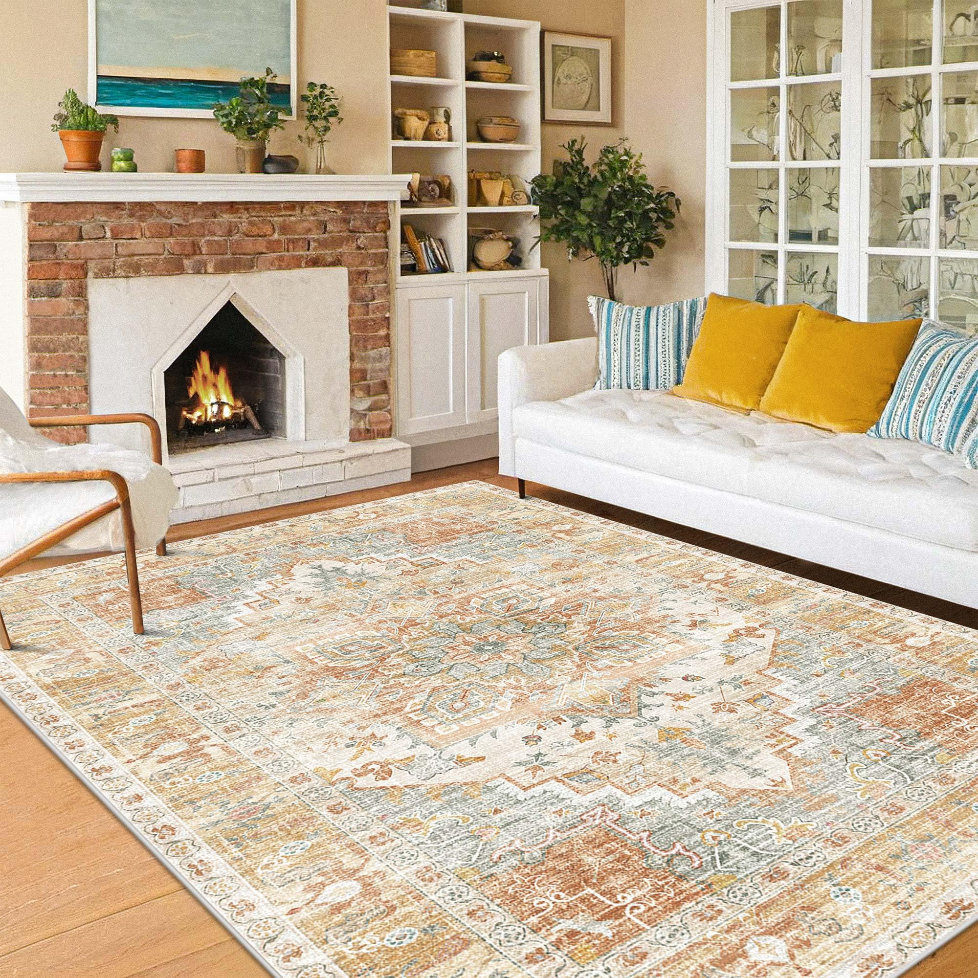 Kokia Washable Area Rugs 8x10 Living Room Boho Non Slip Thin Carpet Stain Resistant Vintage Orang... | Amazon (US)