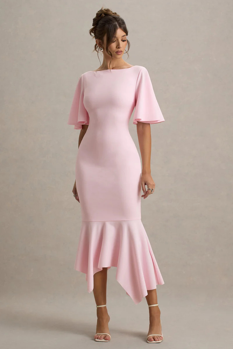 Ashling  Pink Flutter-Sleeve Hanky-Hem Midi Dress | Club L London