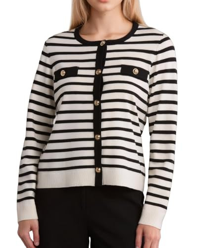 Kedera Womens Casual Striped Cardigan Sweater Elegant Long Sleeve Button Down Cropped Knit Sweater B-Beige | Amazon (US)