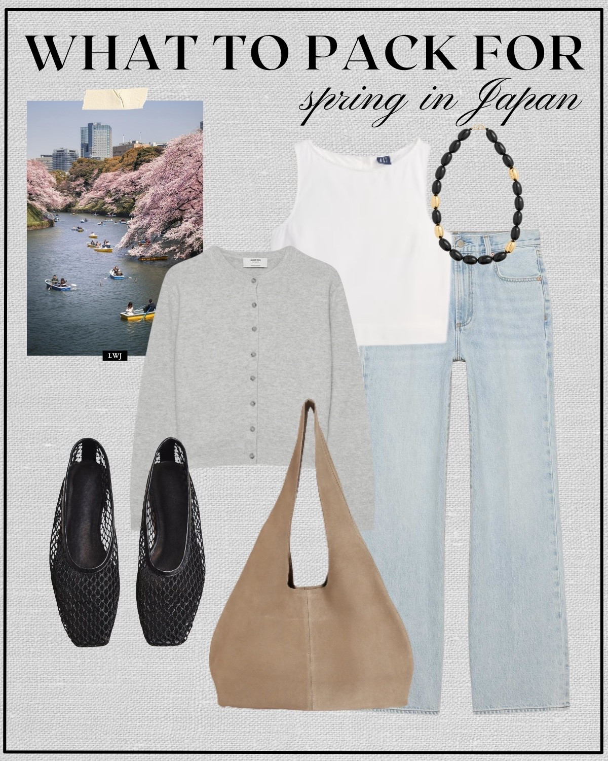 japan spring outfit 

spring travel / spring style / light gray cardigan / white crop top / aritzia farrah wide leg jeans / black woven ballet flats / beige suede tote bag / beaded necklace  

 

#LTKTravel