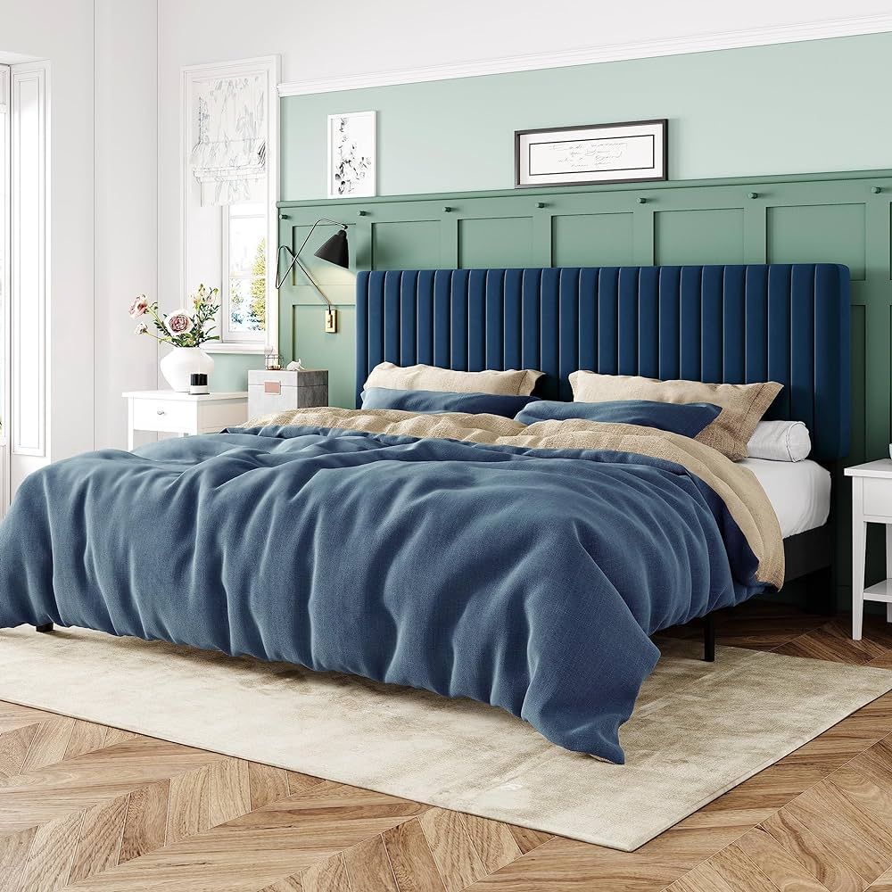 Allewie King Bed Frame, Velvet Upholstered Platform Bed with Adjustable Vertical Channel Tufted H... | Amazon (US)