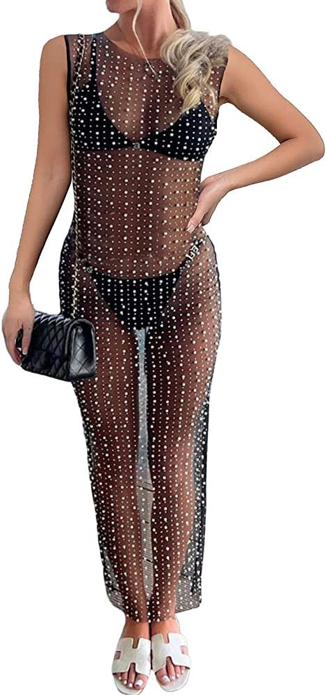 Honganda Women's Sexy Sleeveless Swimsuit Cover Up Sheer Mesh Pearl Rhinestone Beach Maxi Dress B... | Amazon (US)