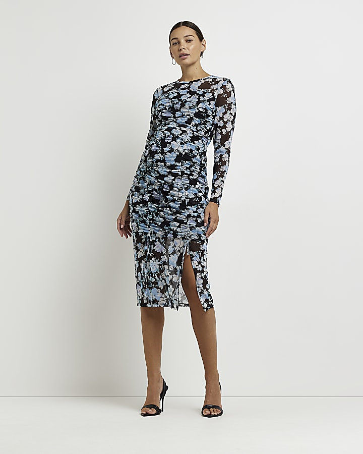 Maternity blue floral bodycon midi dress | River Island (US)