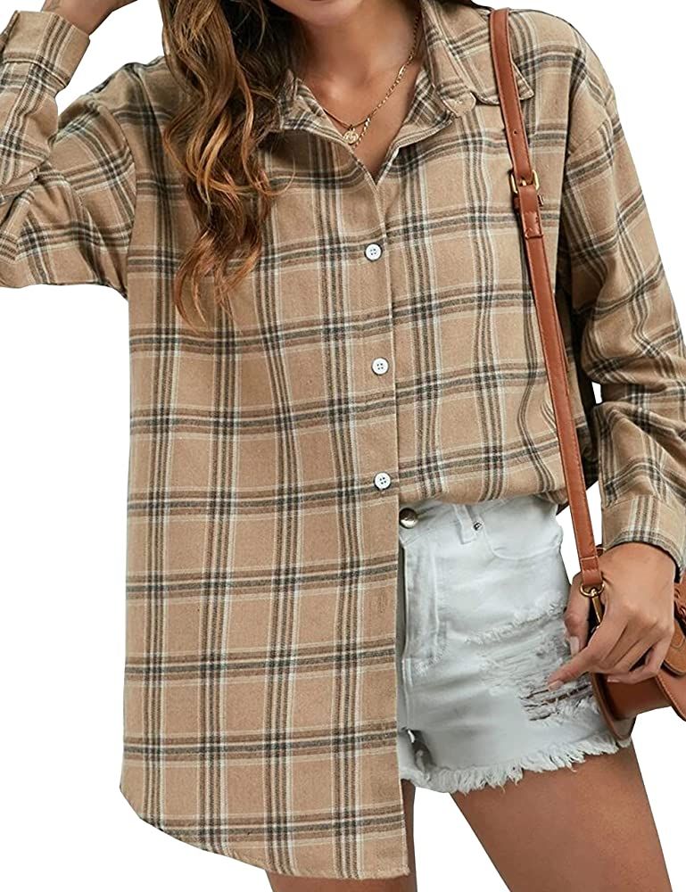 Lumister Womens' Oversized Flannel Plaid Shirt Long Sleeve Drop Shoulder Lapel Button Down Shirt Blo | Amazon (US)