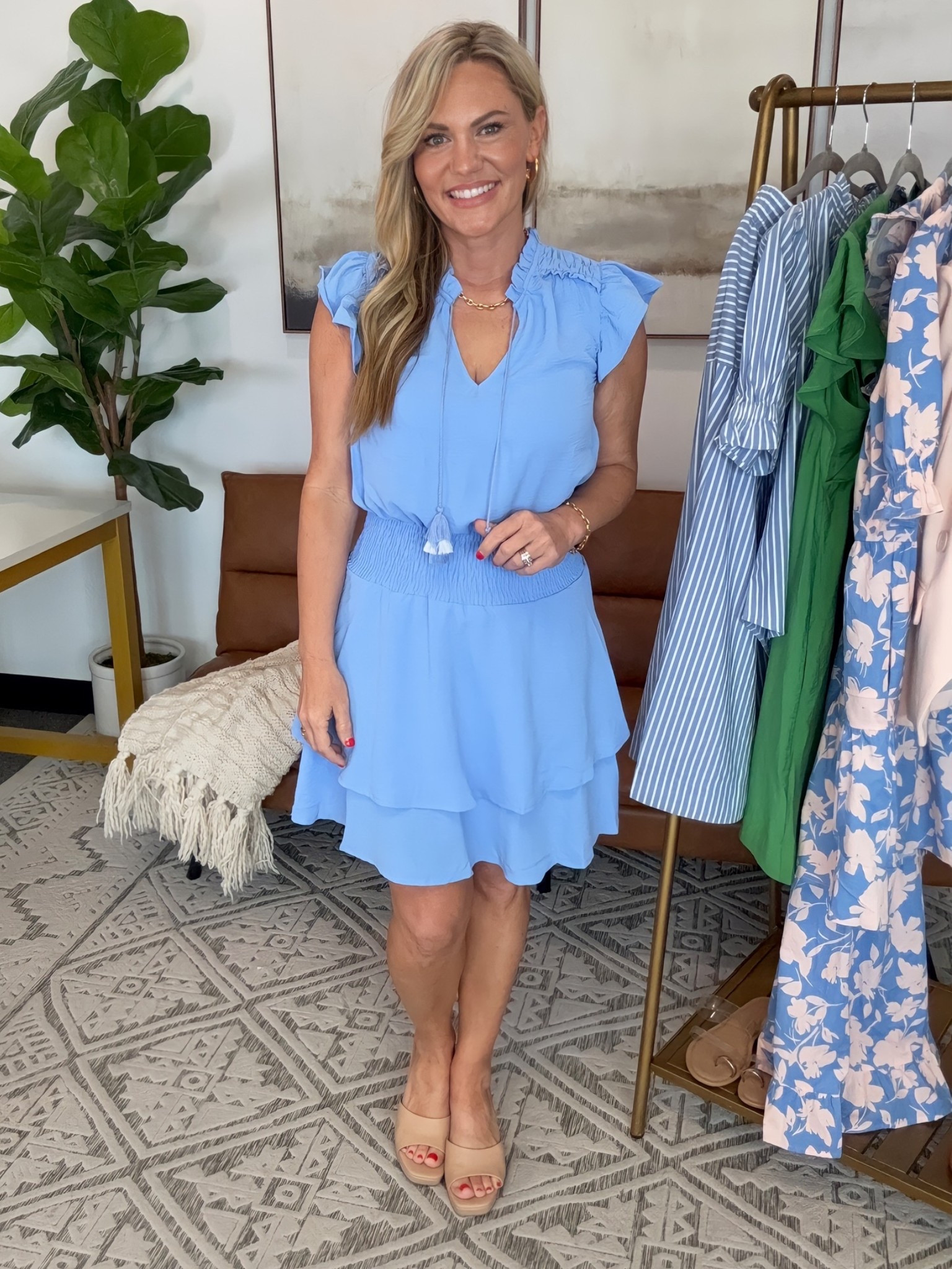 Light blue dresses are one of the most versatile options for spring and summer events because they work for everything from graduation ceremonies and brunch to Mother’s Day, baby showers, vacation dinners, and office events. This Gibsonlook dress features a smocked waist, ruffle sleeve detail, and lightweight fabric that creates an easy polished look without feeling overly dressy. The shorter length pairs well with wedges, neutral sandals, or flats depending on the occasion.

Dress: Small
Shoes: 7.5
Bra Size: 34DD
Height: 5’2

gibsonlook  blue dress  graduation dress  brunch outfit  mothers day outfit  summer event dress  baby shower dress  wedding guest dress  office outfit  business casual dress  spring dress outfit  petite style  ruffle sleeve dress  smocked waist dress  vacation outfit  feminine style  polished everyday style  AudrieDollins

#LTKootd #LTKWorkwear #LTKOver40