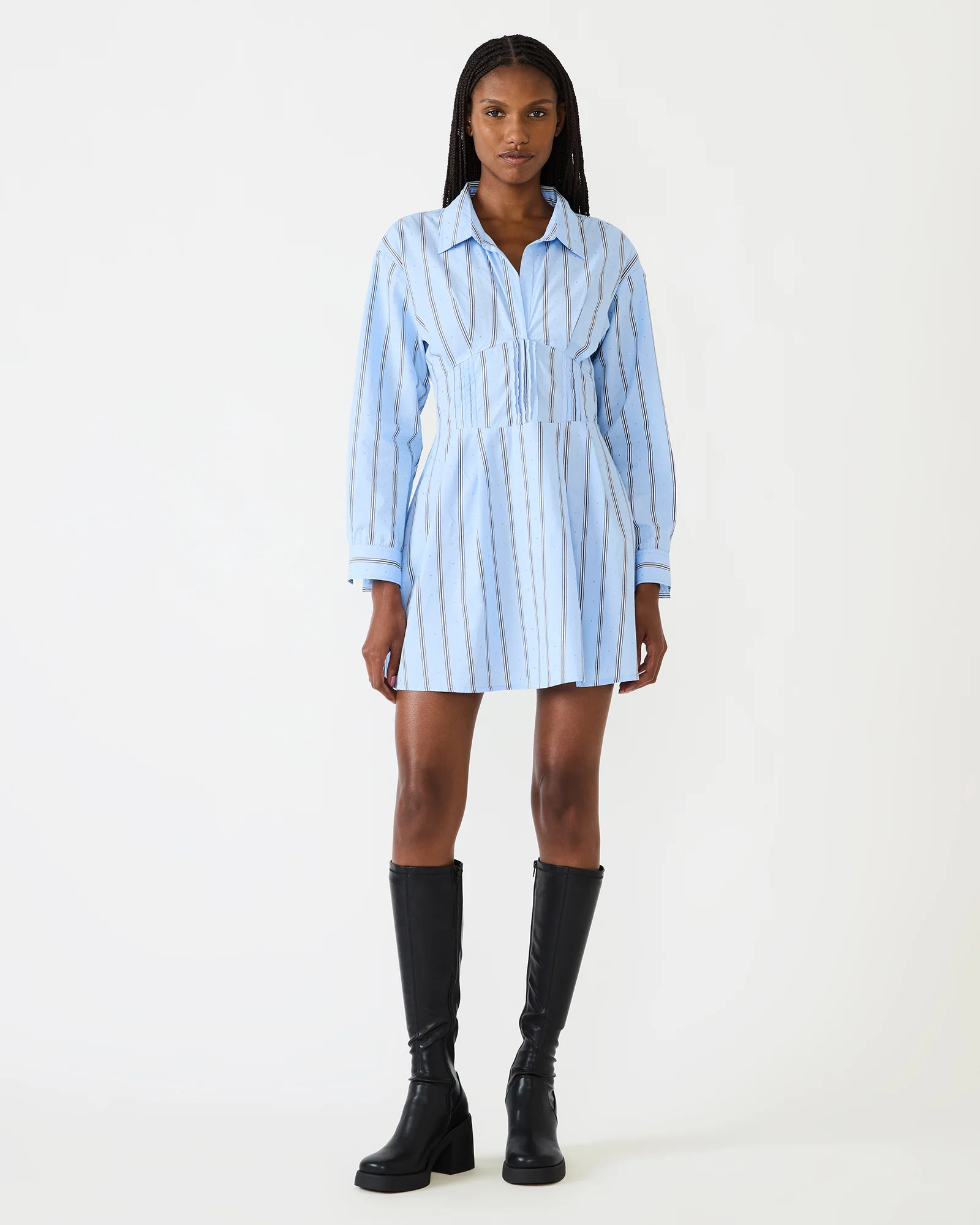 ARIANY Estate Blue Long-Sleeved Collared Neckline Women's Dress | Steve Madden (US)