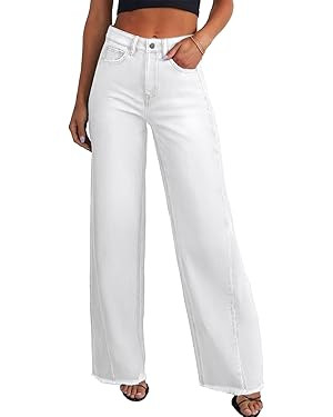 Sidefeel Women's Wide Leg Jeans High Waisted Strechy Raw Hem Zimbaplatinum Denim Pants | Amazon (US)