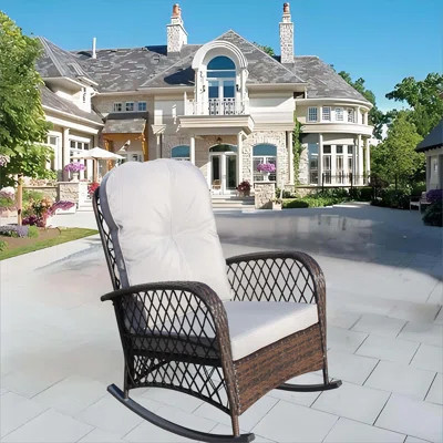 Comfortable Outdoor Wicker Rocking Chair With Wide Seat, Thick Cushion, And Durable Steel Frame For Patio And Garden Use | Wayfair North America