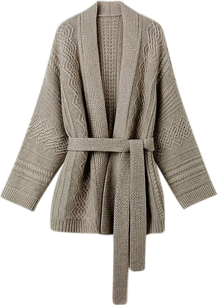 Mid-Length Cashmere Blend Open Cardigan Long Sleeve Cable Knitted Sweater for Women | Amazon (CA)
