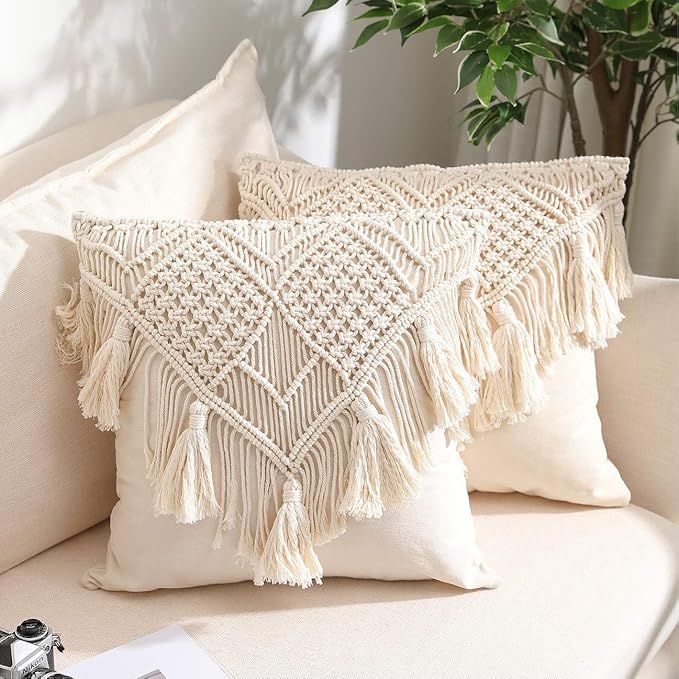 Throw Pillow Covers, Macrame Cushion Case, Woven Boho Cushion Cover for Bed Sofa Couch Bench Car ... | Amazon (US)