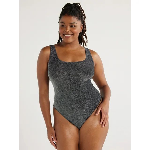 Love & Sports Women's Metallic Scooped Back Tank One-Piece Swimsuit, Black, Sizes XS-XXL | Walmart (US)