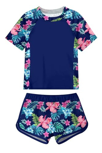 Size 15-16T Kids Girl Swimsuit Two Piece Rash Guard Tankini Set Floral Bathing Suit with Chest Pad Quick Dry Hawaii Beachwear | Amazon (US)