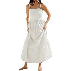 R.Vivimos Womens Summer Boho Cotton Maxi Dress Adjustable Spaghetti Strap Elastic Smocked Casual ... | Amazon (US)