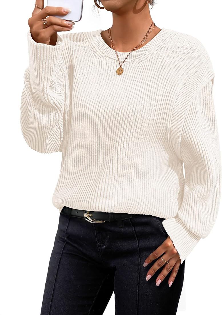 ZESICA Womens Oversized Long Sleeve Crew Neck Sweaters Ribbed Knit Tops Casual Pullover Sweater | Amazon (US)
