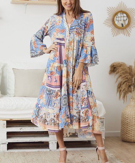 Blue Patchwork Three-Quarter Sleeve Midi Dress - Women | Zulily