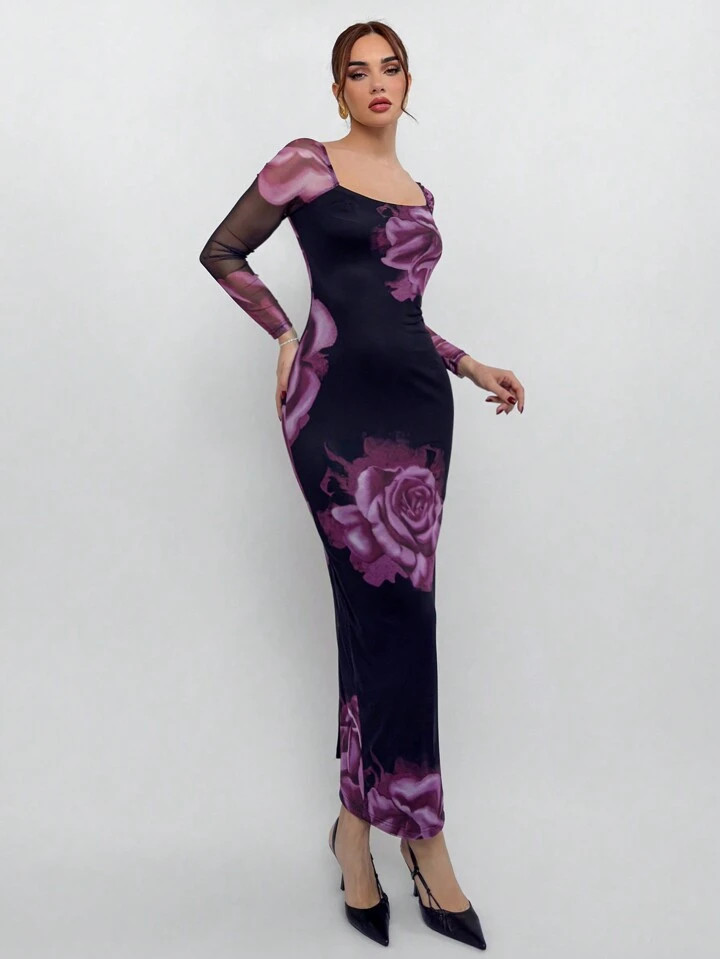 Aloruh Women's New Autumn/Winter Romantic Mesh Floral Print Dress | SHEIN